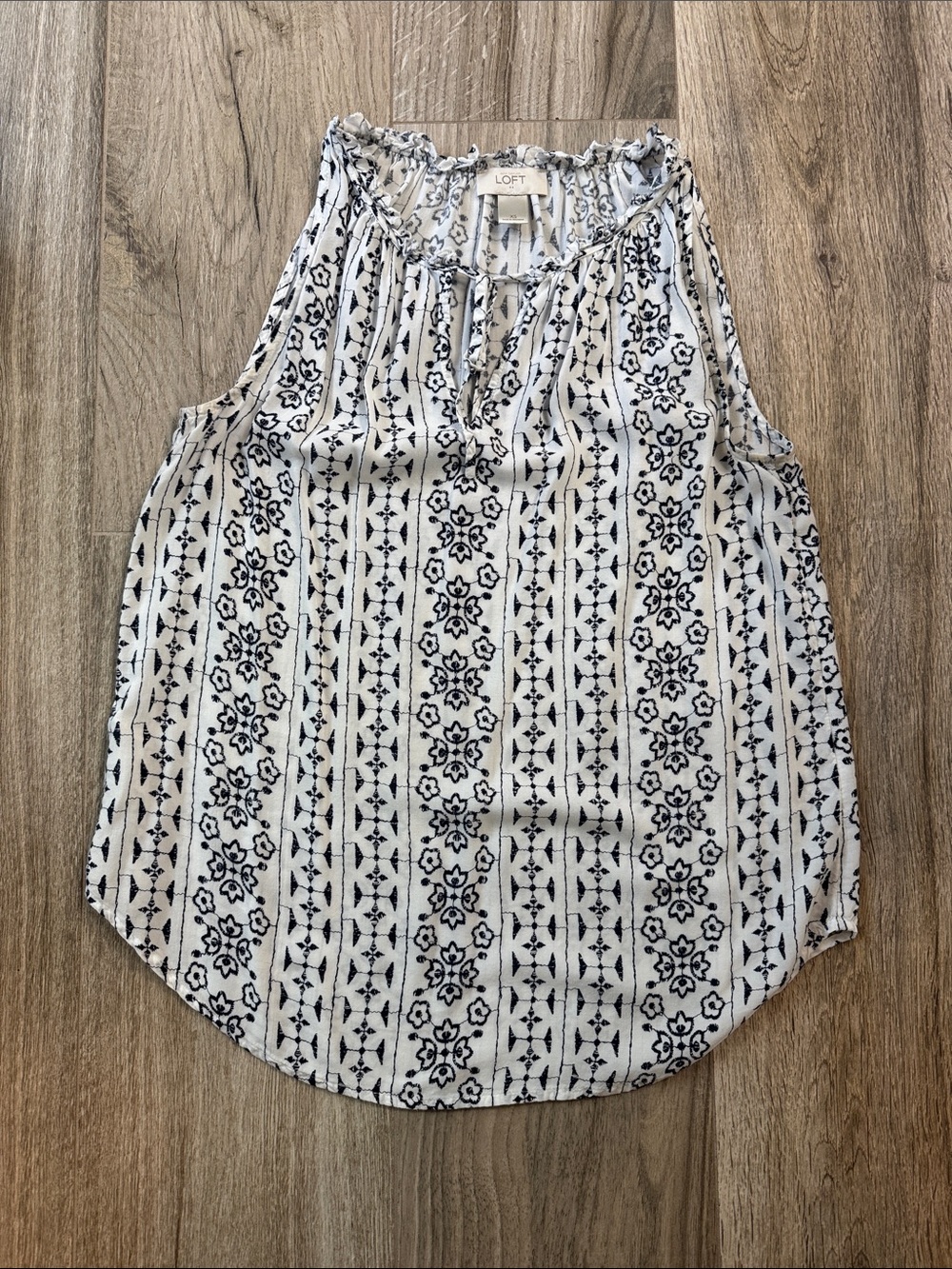 LOFT White and Navy Floral Stripe Sleeveless Tie-Neck Top